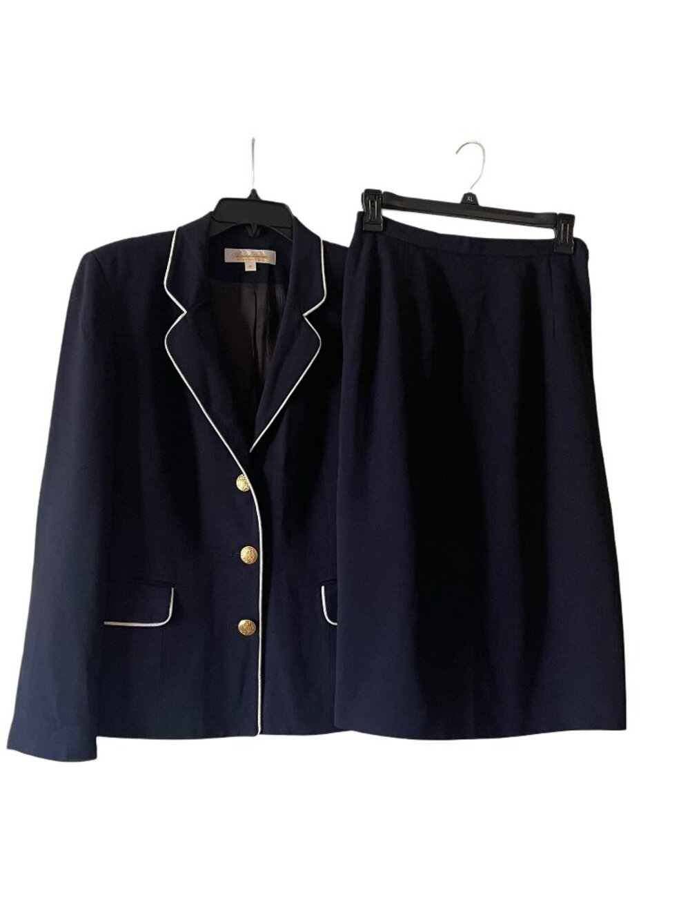 Brooks Brothers Navy Skirt Suit Set Gold Buttons Trim Blazer Pencil Skirt